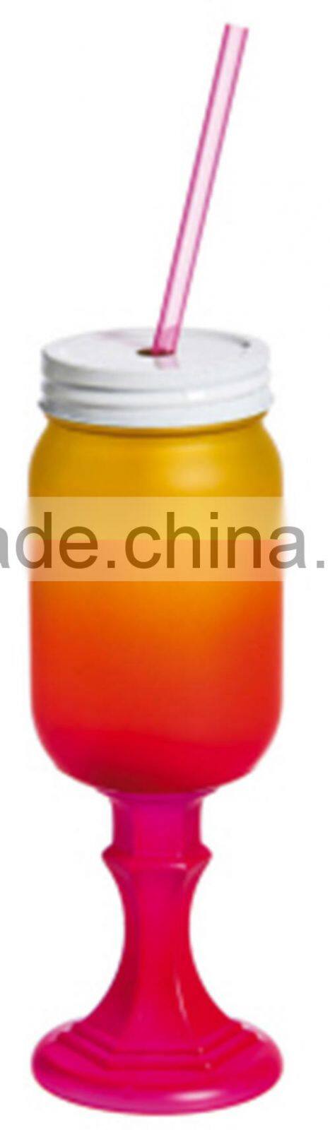 Bright Ombre Mason Jar on a Pedestal Glass Drinkware w/ Straw 2 asst