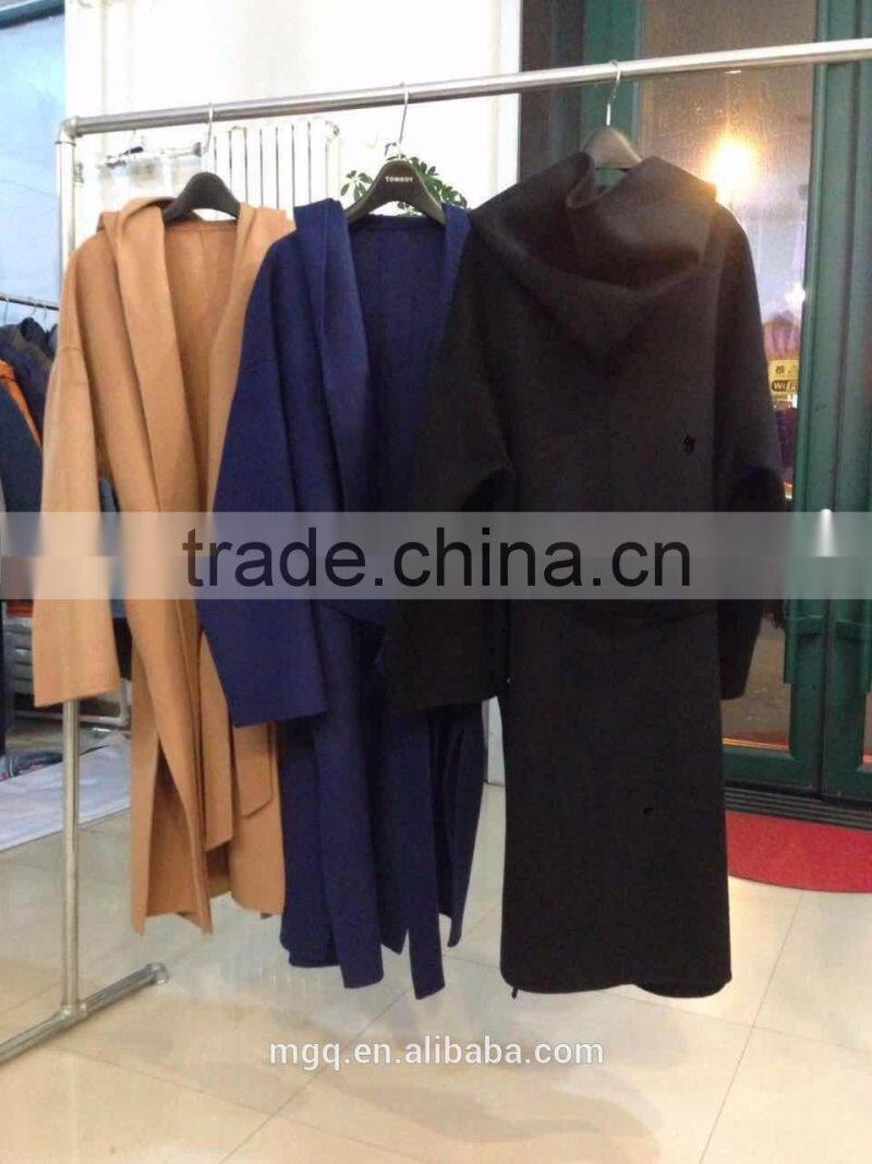 fashion women wool coat 100%wool belt waist hooded open side black camel dark royal-blue