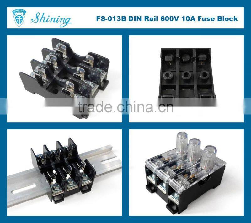 FS-013B 600V 10 Amp 3 Way Midget Type Din Rail Glass Fuse Block