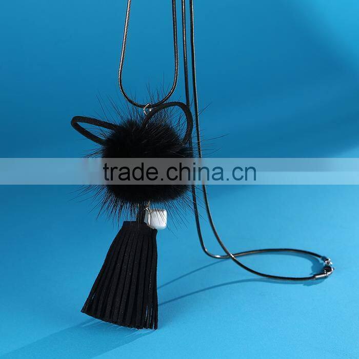 autumn winter mink hair ball pendant necklace velvet tassel long necklace long sweater necklace