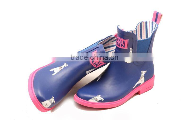 navy upper pink outsole white dog printed lovely fashion design chelsea rubber shoes waterproof wellies low cut ankle rain boots