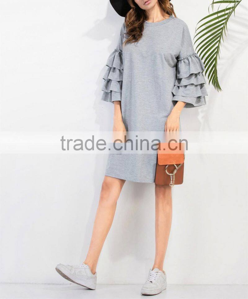 New Style Casual Straight Women Ruffle Sleeve Tee Dress Autumn Fashion Female Knee Length Grey Dresses