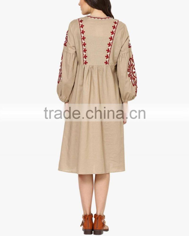 Boho Ukrainian Designs Beige Embroidered Shift Dress Bohemian Clothing Style Long Sleeve Maxi Dress HSd5083