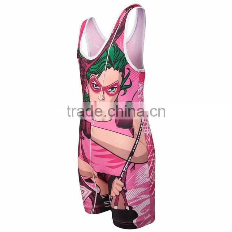 New arrival OEM Dye sublimation colorful printing pink wrestling singlet for ladies/women