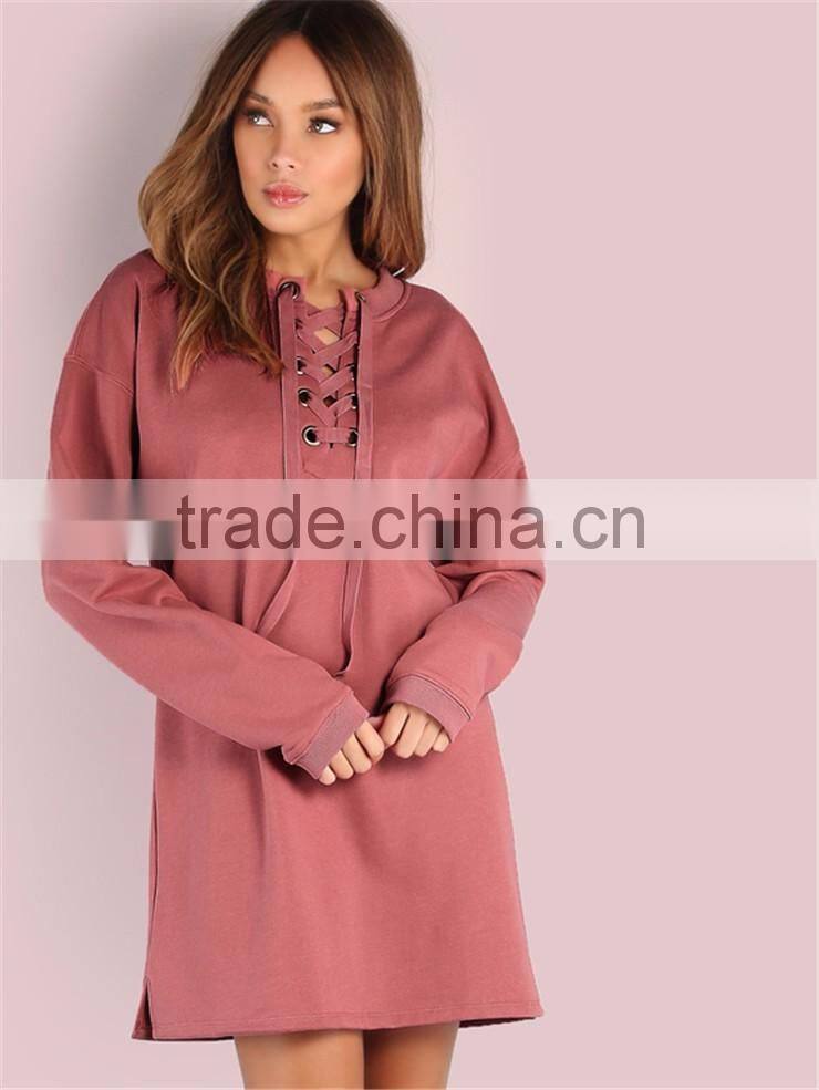 MGOO Ladies Oversized Laced Up Sweatshirt Dress Rose Jumper Crisscross Belt Pullover Hoodies 100% Cotton