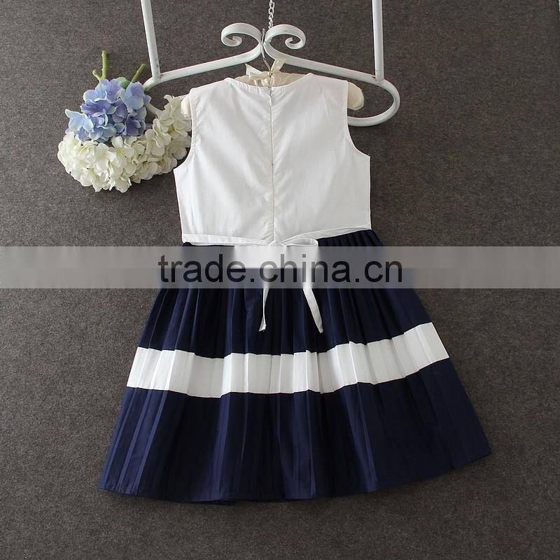 2017 New arrival Korean style white and blue casual dress children simple summer dress hoilday beach party dresses kids clothing