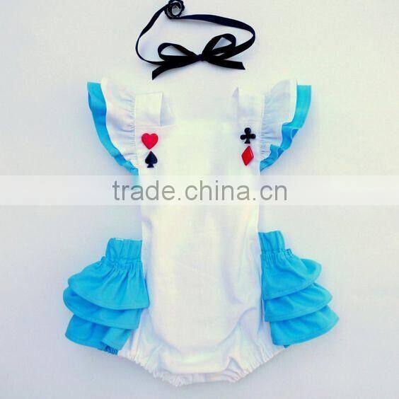 Wholesale Kids Clothing Baby Girls Alice In The Wonderland Ruffle Romper Infant Baby Kids Bule And White Cute Fancy Bubble