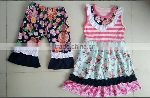 2016 Hot Sale Girls Pajama fashion christmas ruffle striped outfits Baby Sleeping Clothes Top and Pants set