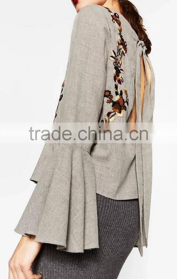 Runwaylover EY2381B New Design 2017 Ladies Fashion Falbala Embroidery T-Shirts