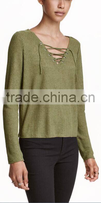 Ladies Wearing Hand Knitted Wool Sweaters with Lacing V-Neck Design