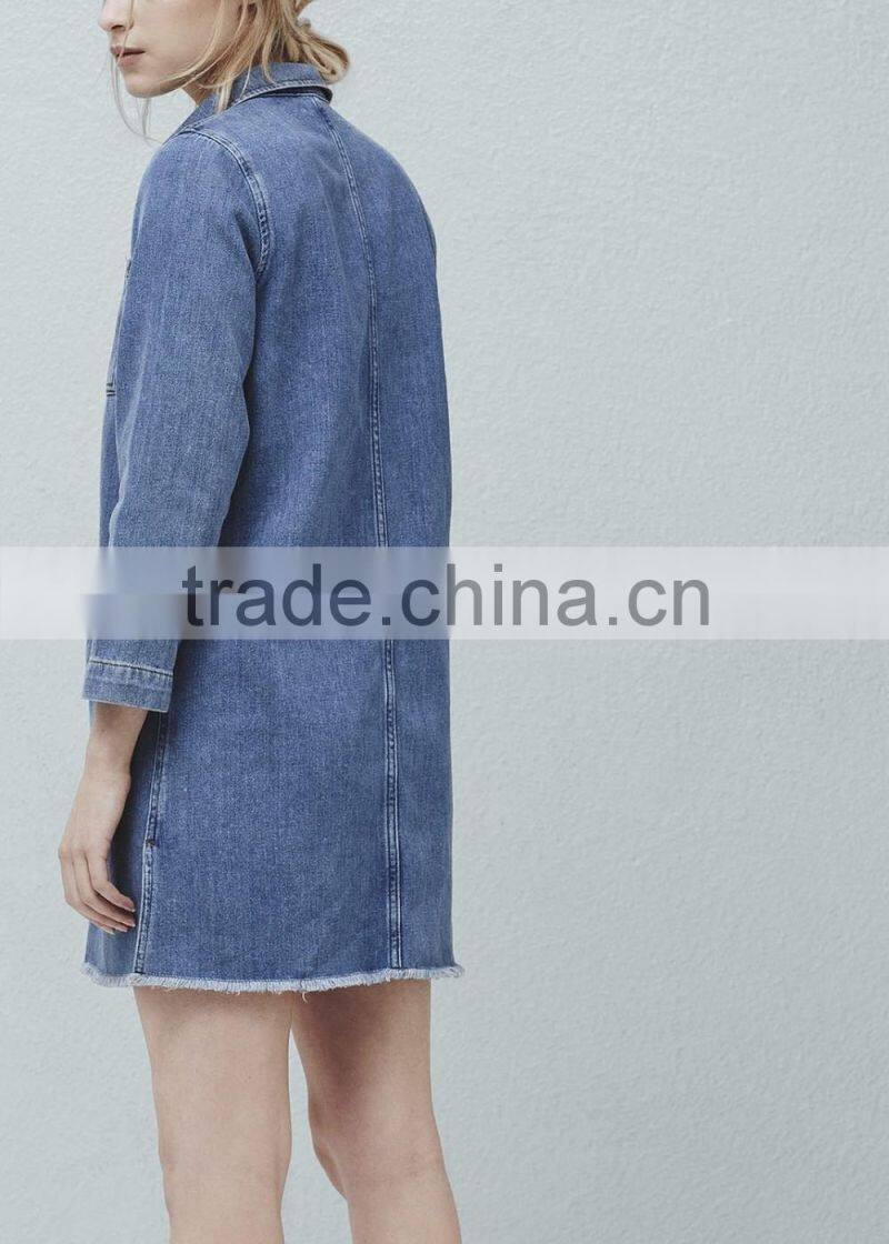 Girls button-up raw hem casual loose long sleeve denim jeans dress