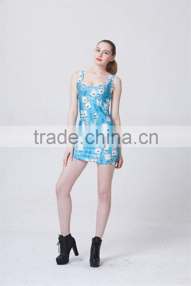 dress 2015 new cool summer ,women sexy Sleeveless dress cartoon Digital Printing dress for women,latest dress designs