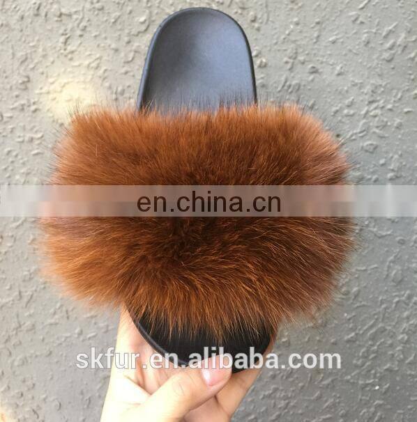 Women's customized size and color soft real fox fur slides slippers