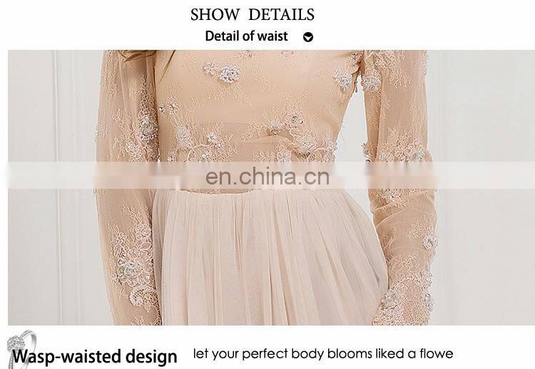 KAL-4 Skin Round neckline pearl beading & applique Long sleeve floor length tulle Muslim bridal evening dress