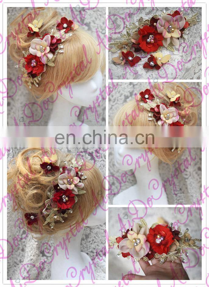 Aidocrystal Red with gold color Wedding Accessory Set Of 3 Hair Clips Bridal accessory handmade Hair Lace Flower Clip for girls