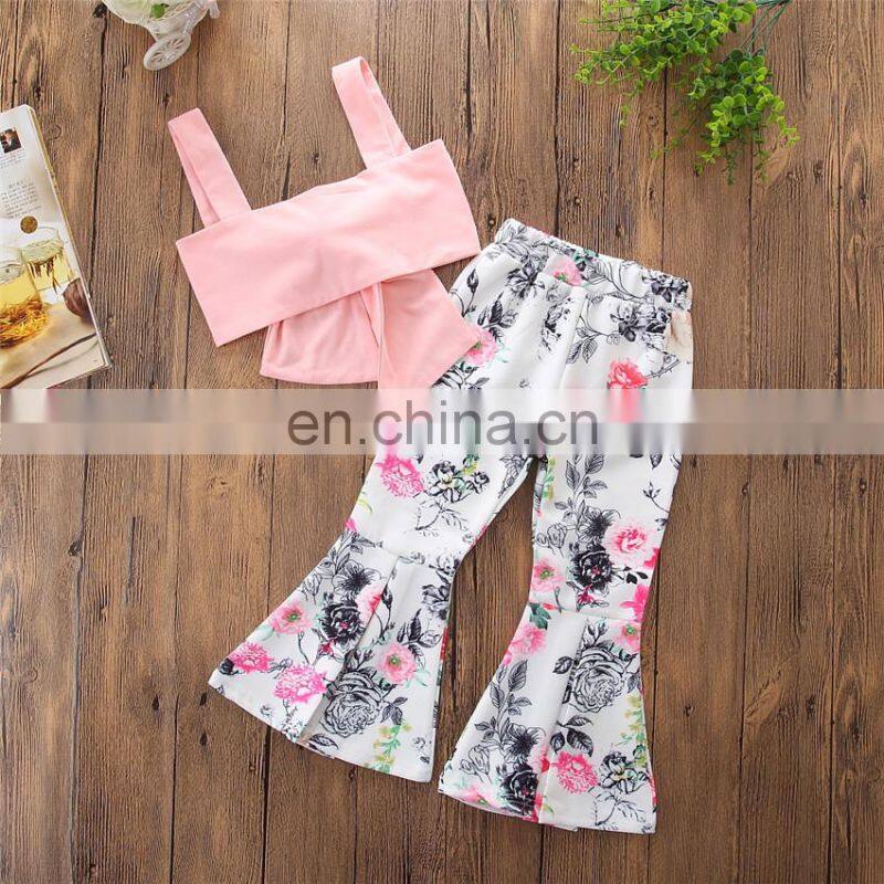 Newest Design Kids Sets Pink Slip Top And Flower Long Trousers Backless Summer Kids Girl Outfits