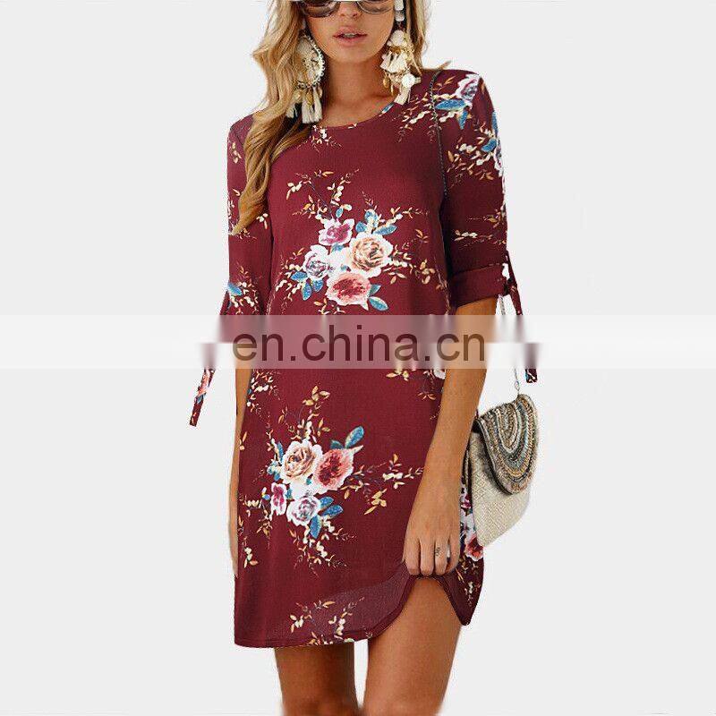 Manufacturers wholesale custom women's chiffon printed round neck three-quarter sleeve dress casual fashion short skirt plus