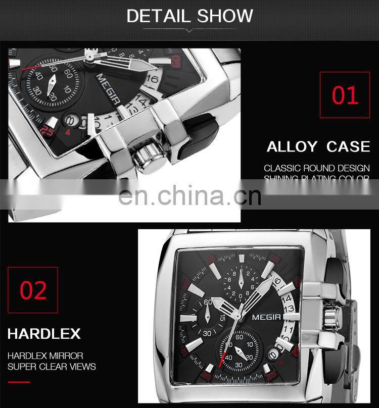 Hight Quality Megir Brand Luxury Men Watch Stainless Steel Square Quartz Watches