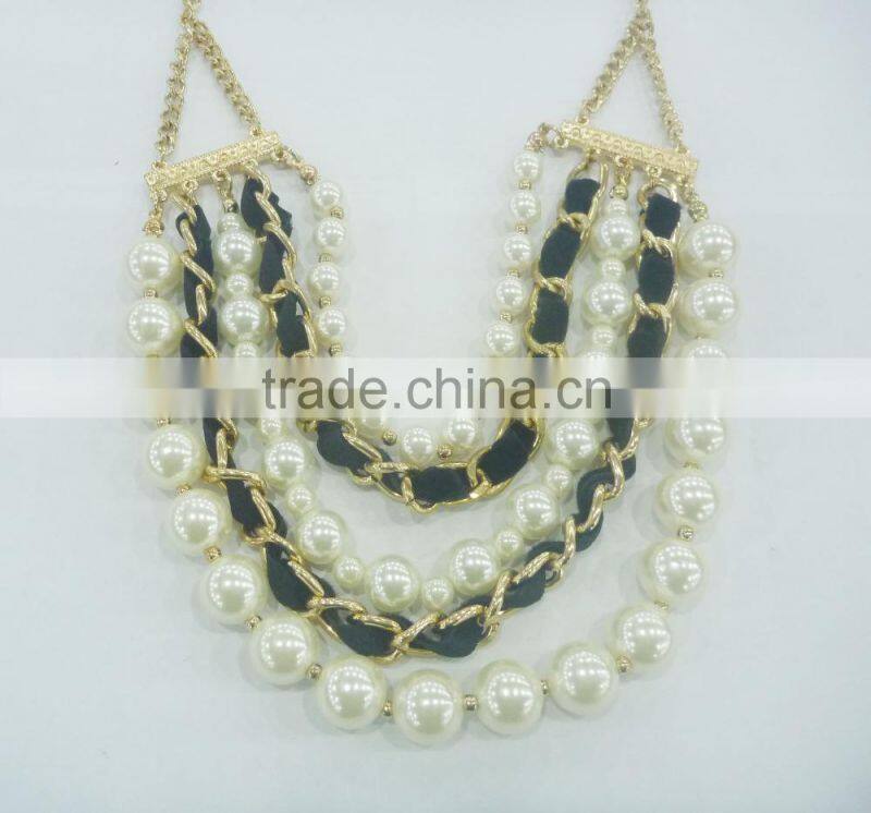 FASHION CORD WRAPPED MULTI ROW PEARL NECKLACE