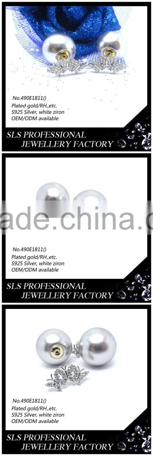 2015 Fashion latest design simple and generous hot sales 925 silver rhodium plate double sides pearl earrings for ladies