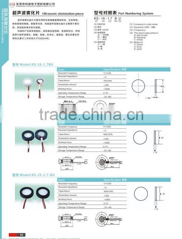 20MM 1.7MHz piezoelectric ultrasonic atomizer