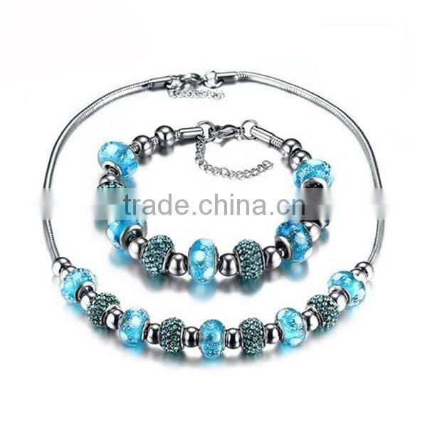 Fashion Women Blue Glass Stainless Steel Necklace And Bracelet Jewelry Sets