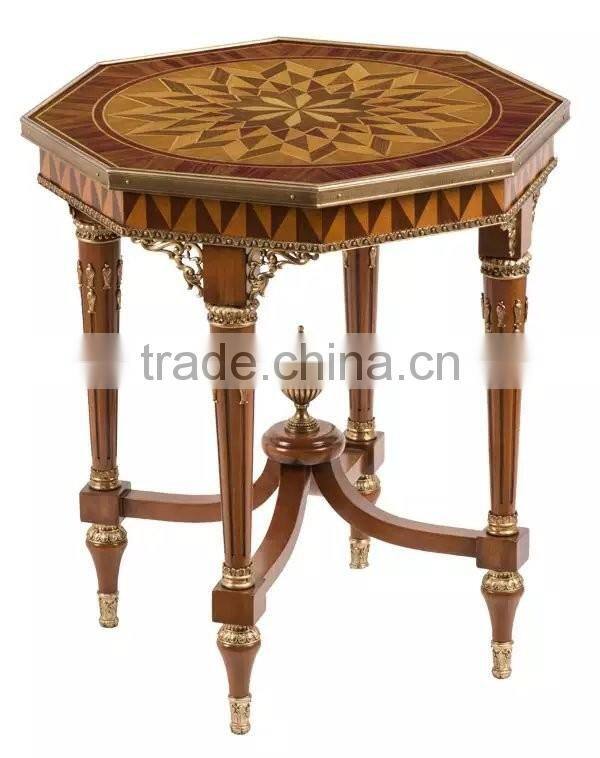 Vintage Natural Wood Carved Coffee Table With Brass Pedestal Handmade Marquetry Round Side Table Castle Living Room Furniture