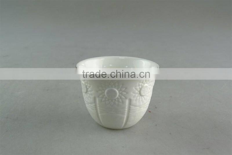 White ceramic tea cup with special embossing for wholesale 12 pcs per set,with color box.good quality