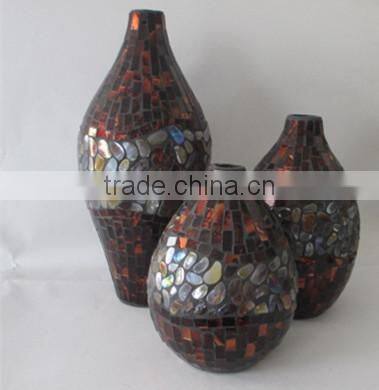 Set of 3 Teal Amber Mosaic Shimmer Pebbles Chinese Decorative Wine Shaped Glass Vases