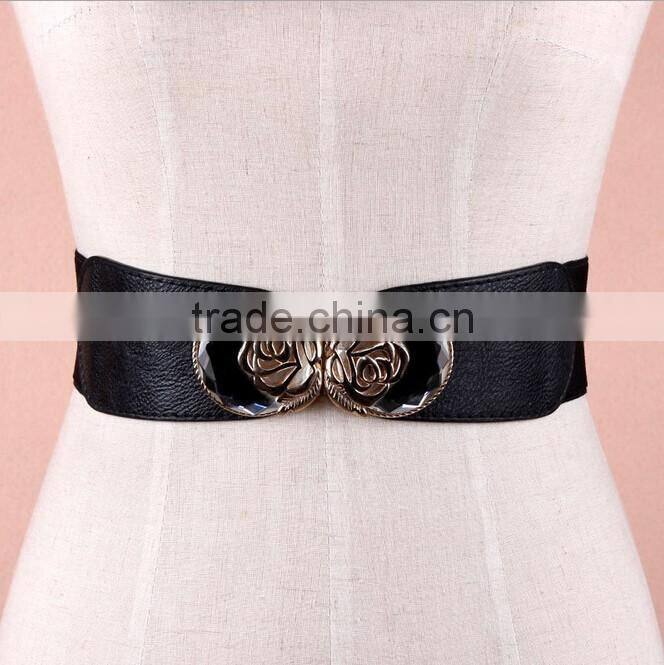 Wholesale stone inlaid flower pattern buckle sex women lady wide PU waist belt