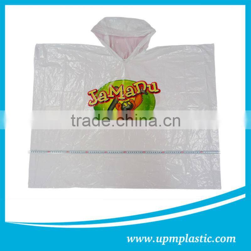 One time use disposable printed plastic rain poncho