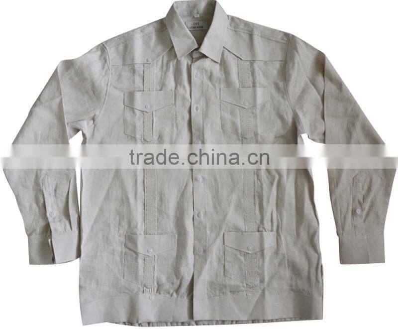 Men's 100% cotton Guayabera shirt with long sleeve and pintuck embroidery