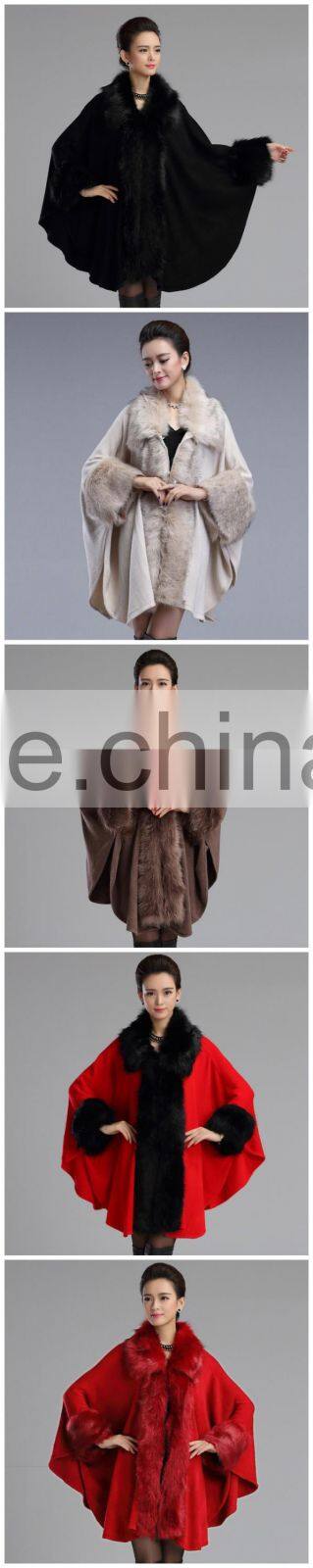 2016 women's wrap beige black pashmina wool knitted fake cashmere shawl with fur trim collar faux fox fur high quality capes