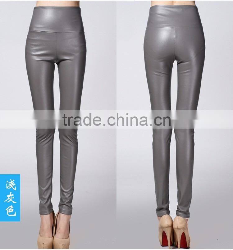 wholesale plain womens tight pants/sexy faux leather high waist leggings stretch PU pants laides skinny trousers