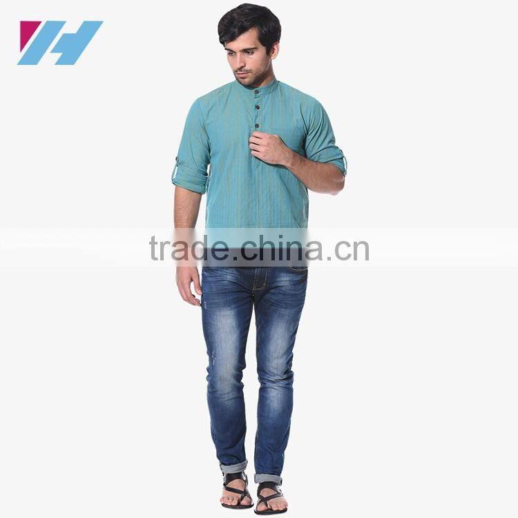 Men Fashion Long Sleeve Blue Striped Kurta