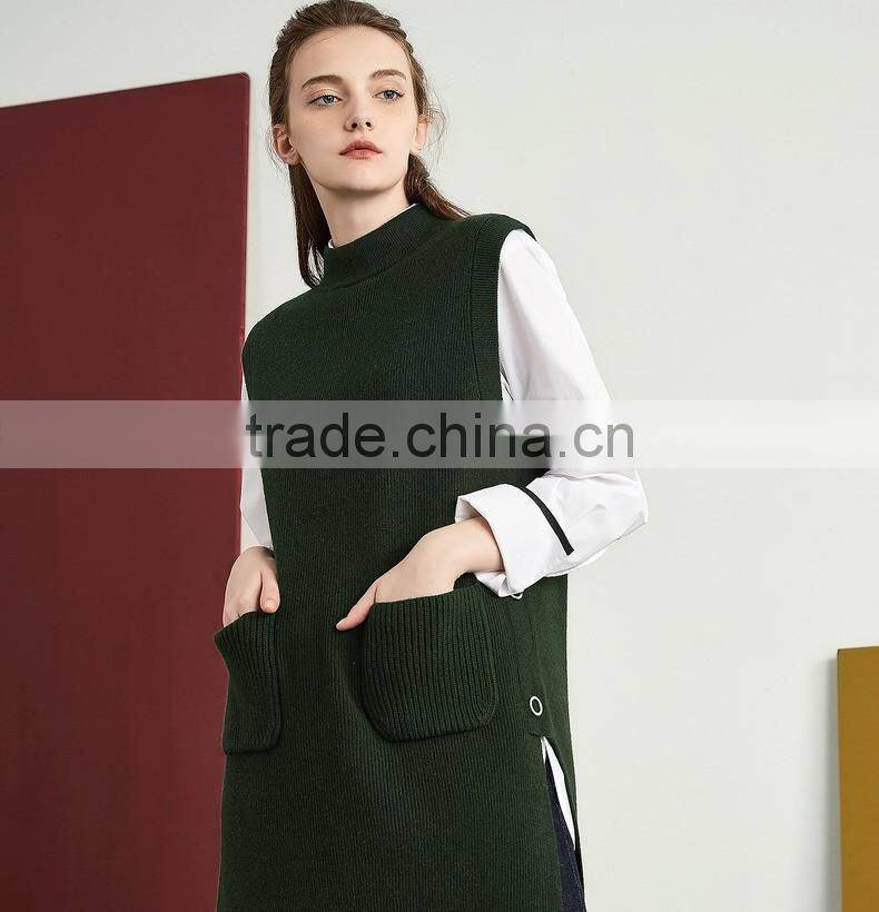 2017 new design women green color Vest sweater Stand collar side vent sweater