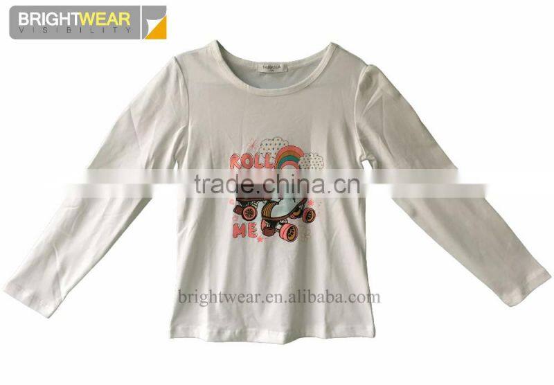 Hot selling girl's fashion white cotton printed long sleeve t shirt
