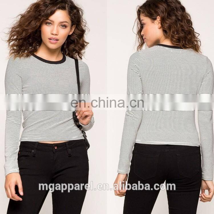 2017 New fashion custom wholesale long sleeve striped t shirt for women