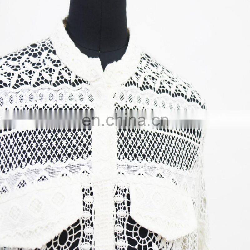 hot exquisite long sleeve button down with fake pocket customerized lace blouse