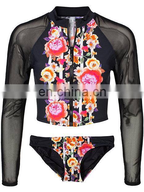 New arrival Open Sexy swimwear long sleeves mesh bikini OEM service flower print