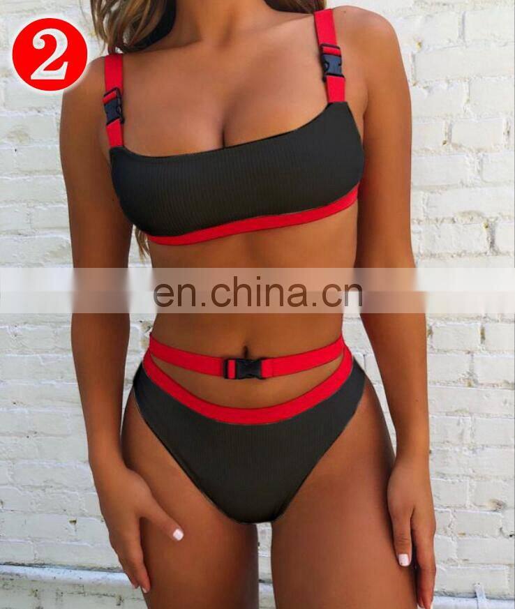 RST new fashion style ribbed high waist bikini custom logo bikinis 2020 women swimwear beachwear buckle swimwear