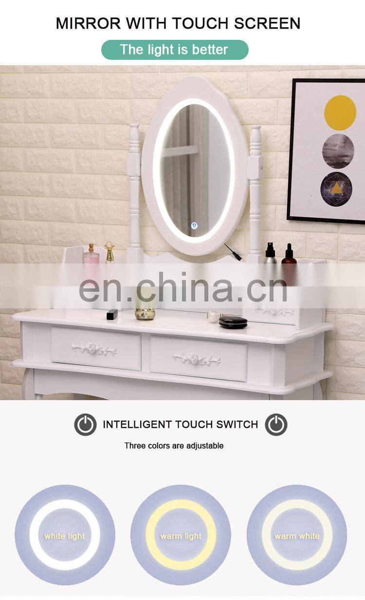 White 4 drawers touch dimmer led mirror dressing table with lighted mirror