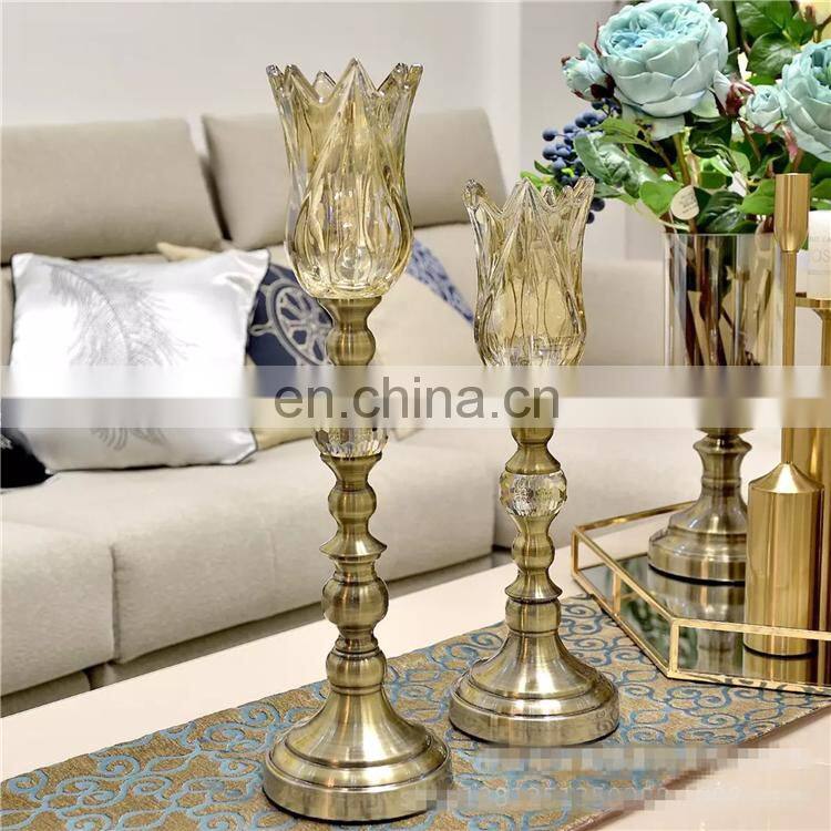 Flower Shape Glass And Metal Tall Pillar Candle Holder