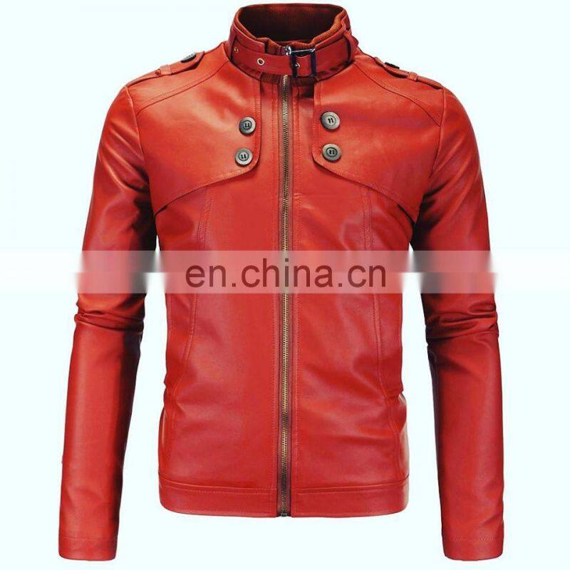 Fashion Men Stand Collar Zipper Leather Jacket Motorcycle Leather Jacket Coat
