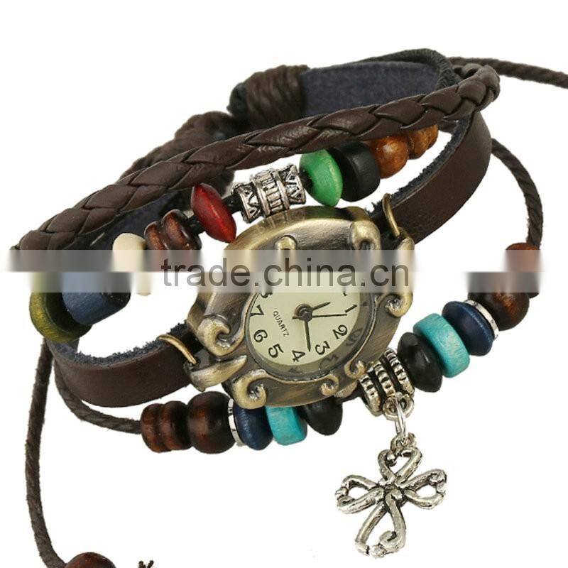 2016 fashion design leather cord bracelet watch multilayer leather wrap chain watch bracelet key charms