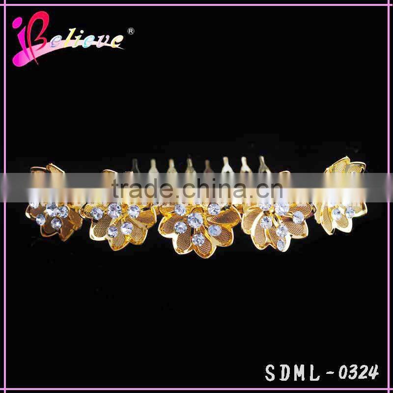2015 New popular 24k gold foil flower hair accessories,crystal diamond gold flower jewelry hair comb