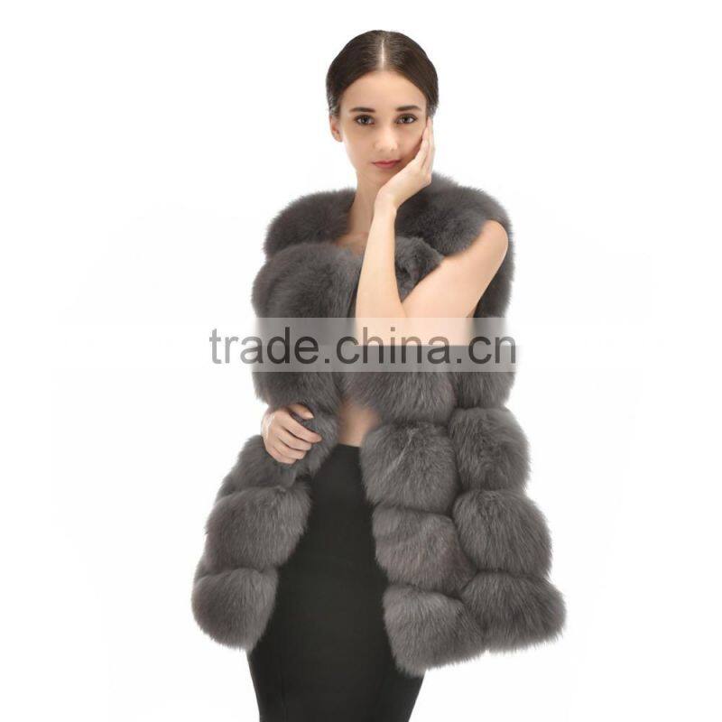 2015 Winter Latest design Long Style Nature Fox Fur Vest With trimming
