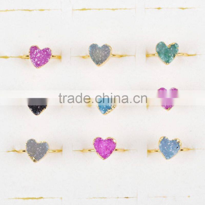 Gold plated natural rainbow heart druzy agate stone adjustable knuckle ring