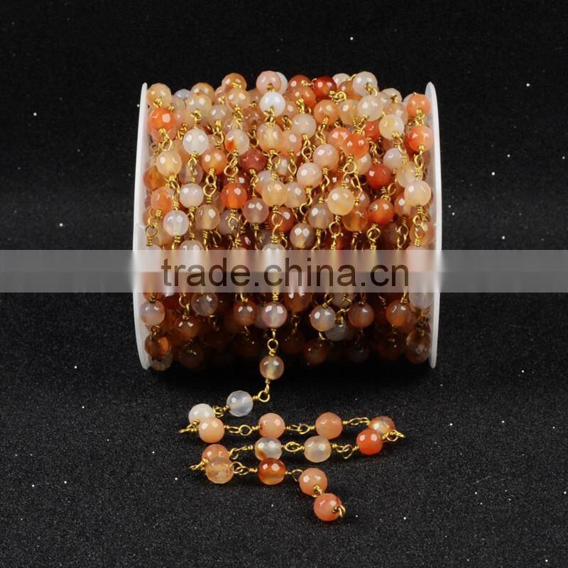 Gemstone Bead Chain Round Red Agate Bead Necklace Chain Wire Bracelet Chain Jewelry Making