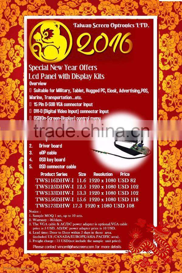 13.3 " Tft Lcd Panel w/ resolution 1920x1080 FHD comes with Driver Board Kits